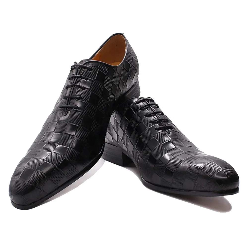 Santimon‎ Men's US 9 Black Leather Plaid Texture Oxfords Lace Up Dress Shoes